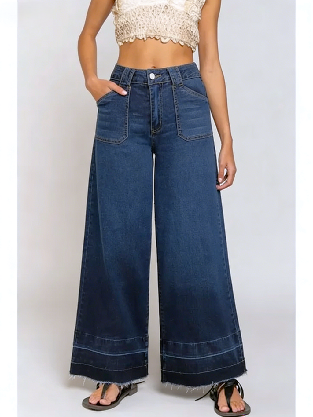 High Rise Wide Leg Patch Pocket Jeans - DarkBlue