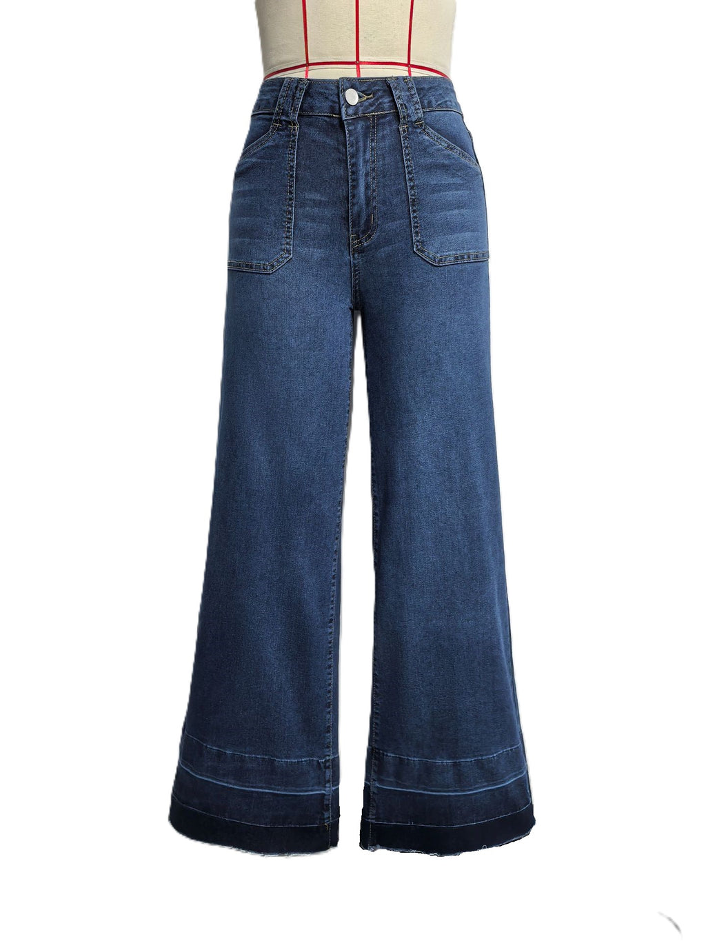 High Rise Wide Leg Patch Pocket Jeans - DarkBlue - 3