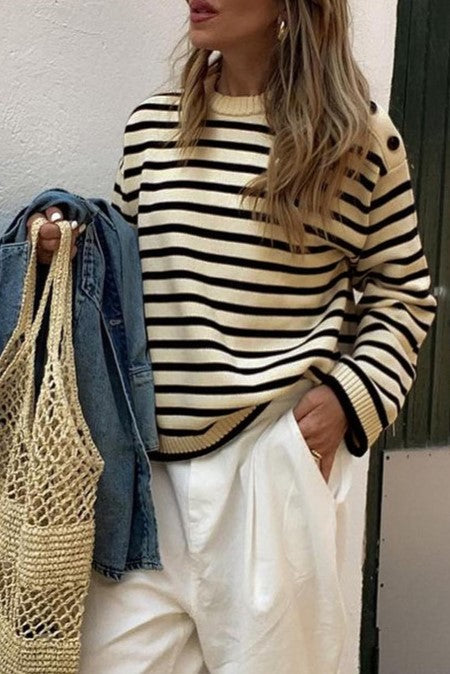 Breton Stripe Shoulder Button Sweater - Beige