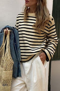 Breton Stripe Shoulder Button Sweater - Beige