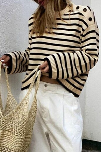 Breton Stripe Shoulder Button Sweater - Beige - 1