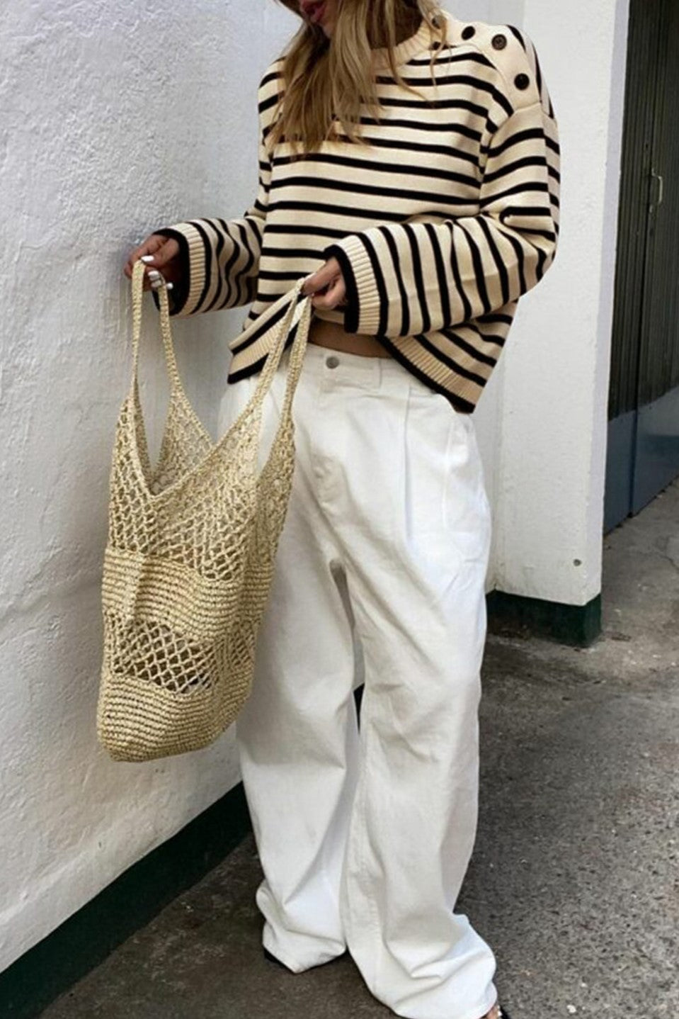 Breton Stripe Shoulder Button Sweater - Beige - 2