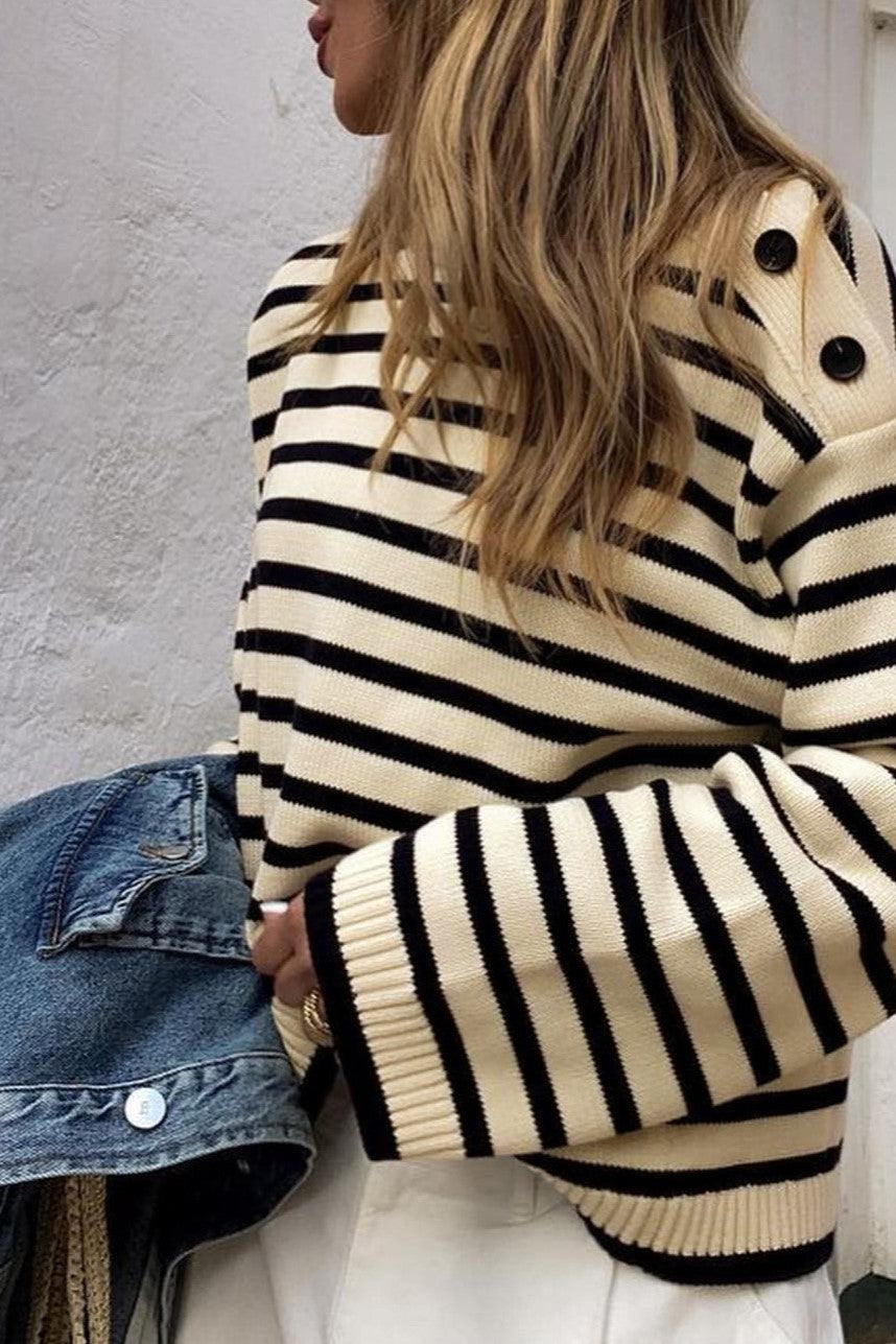 Breton Stripe Shoulder Button Sweater - Beige - 3