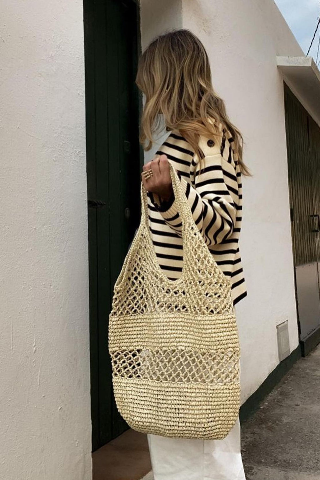 Breton Stripe Shoulder Button Sweater - Beige - 4