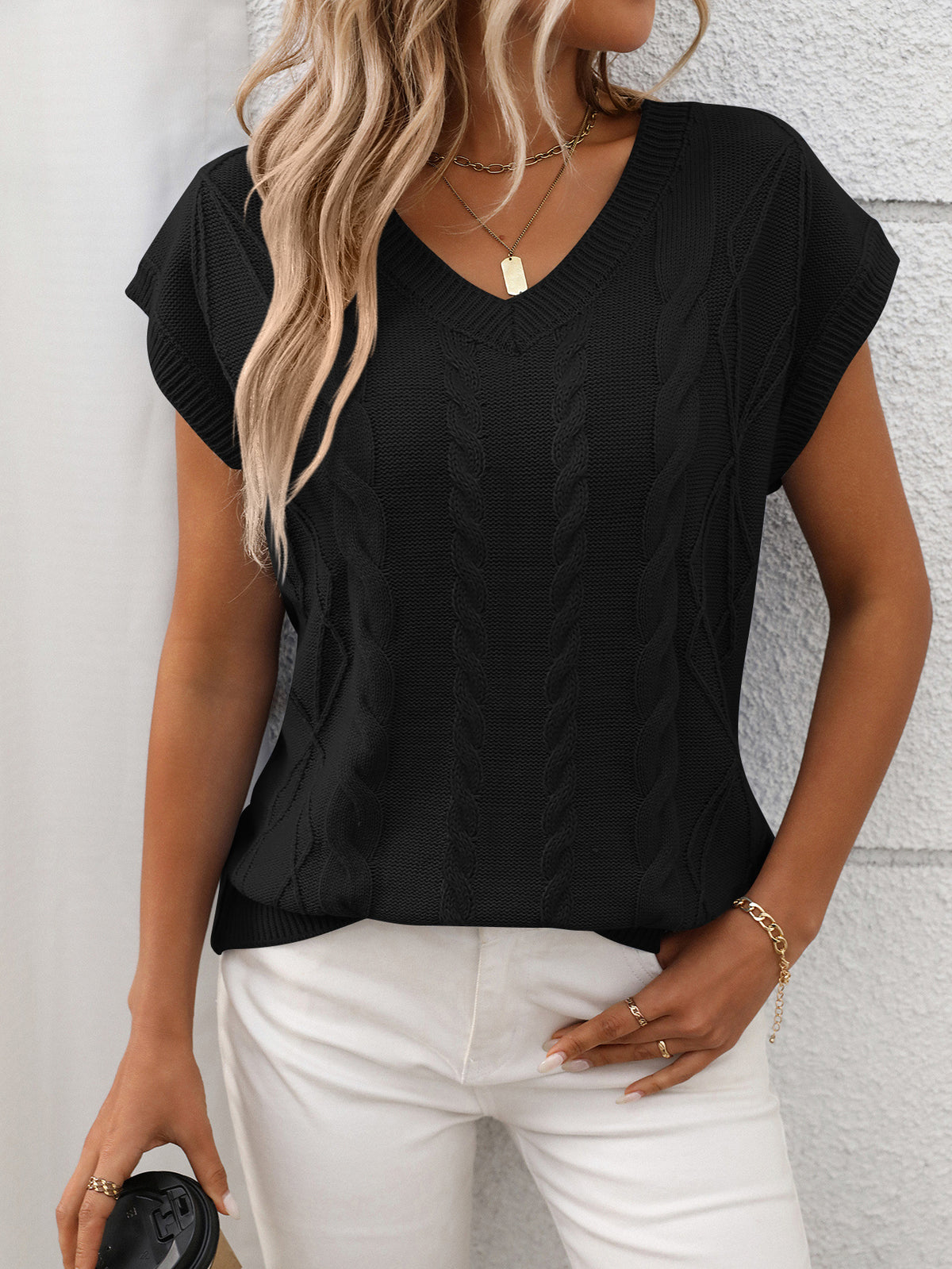 Cable Knit V Neck Cap Sleeve Top - Black