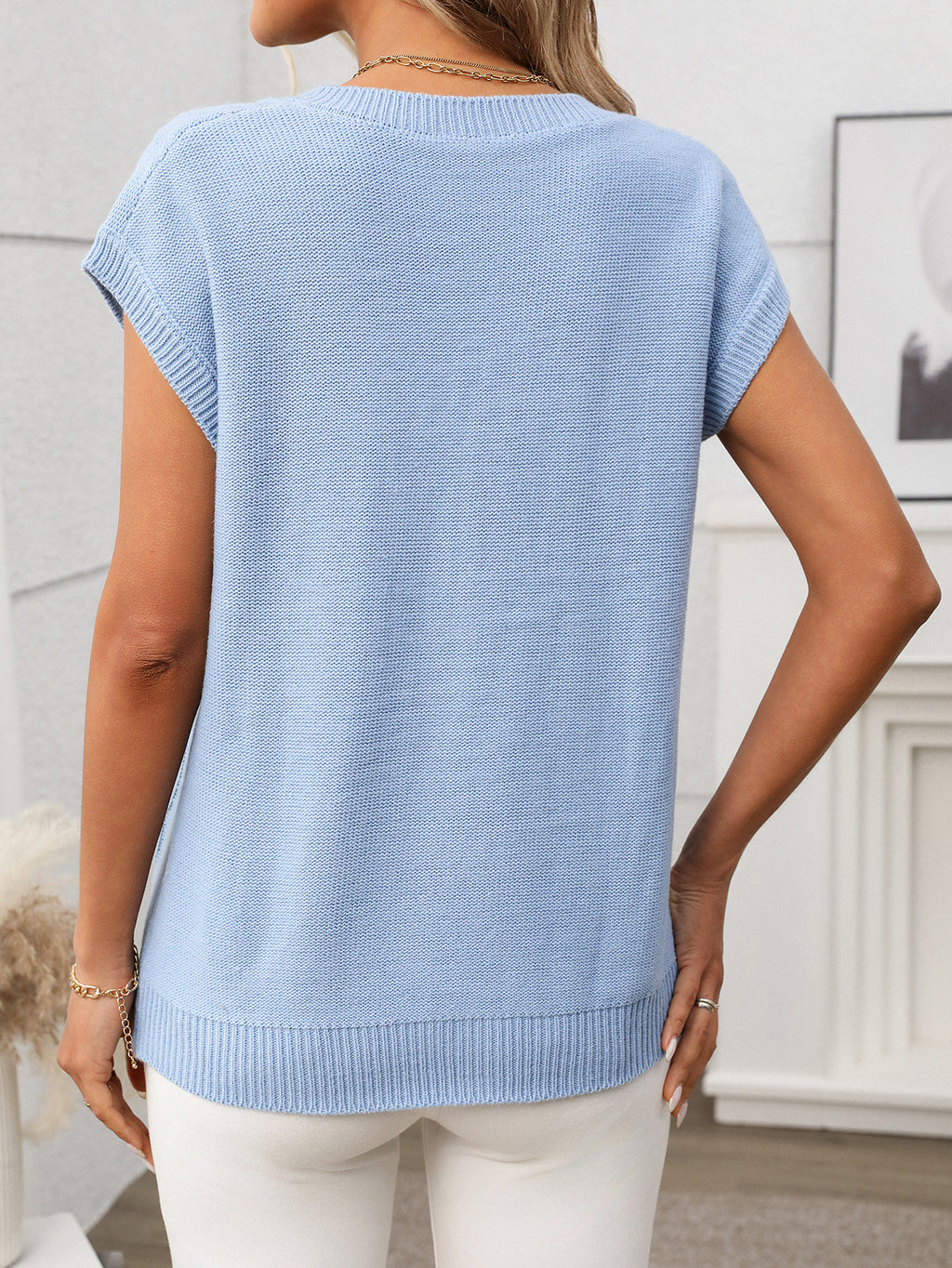 Cable Knit V Neck Cap Sleeve Top - SkyBlue - 1