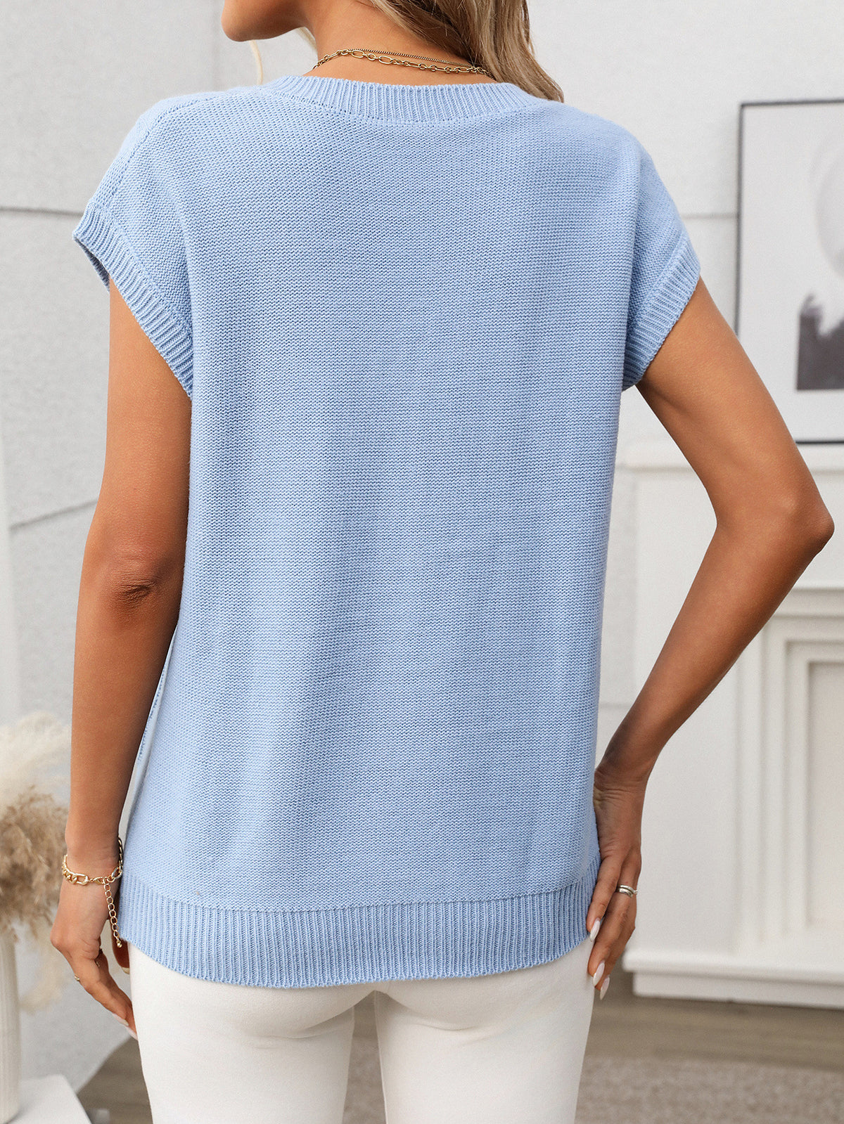 Cable Knit V Neck Cap Sleeve Top - SkyBlue - 1