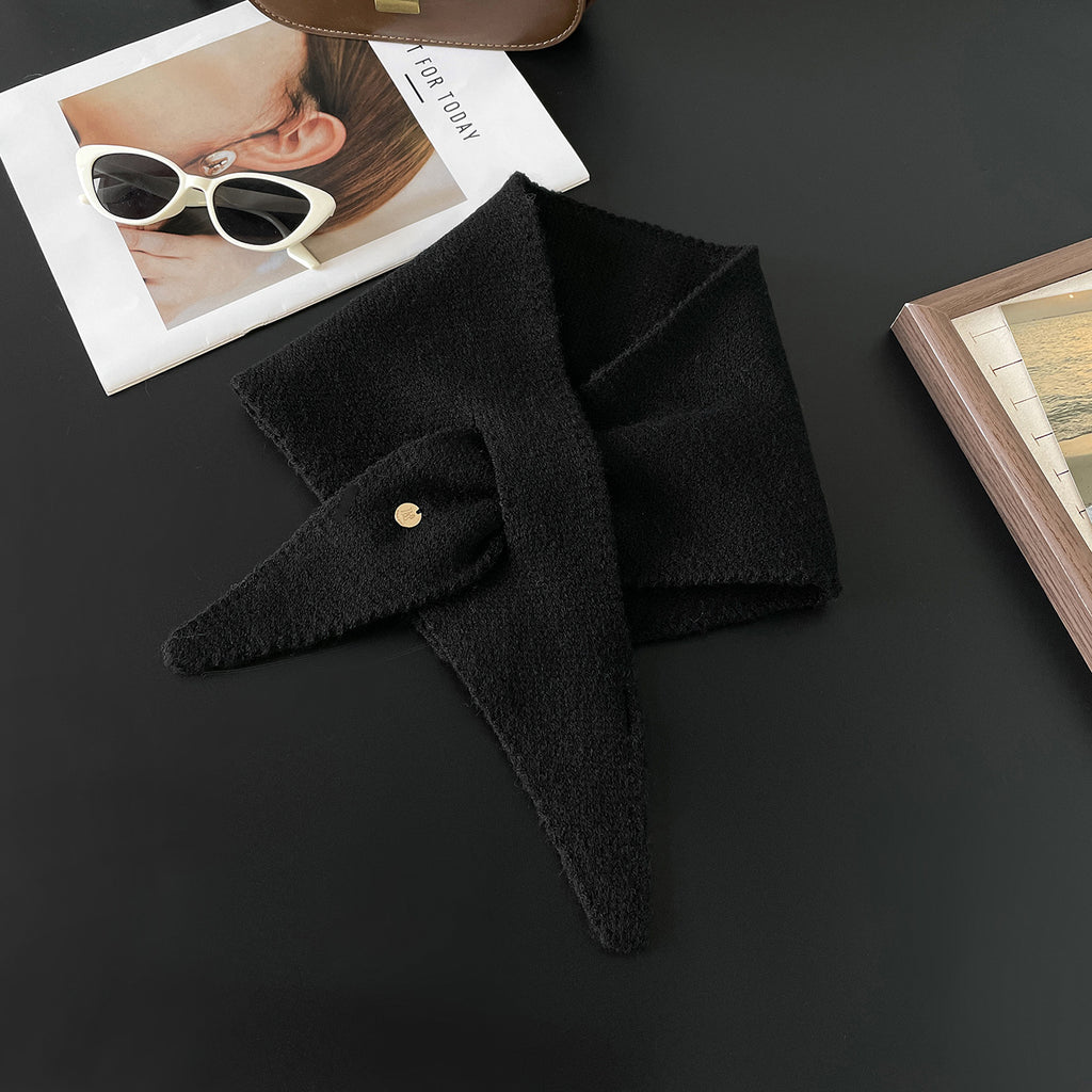 Soft Knit Triangle Neck Scarf With Button Detail - Black