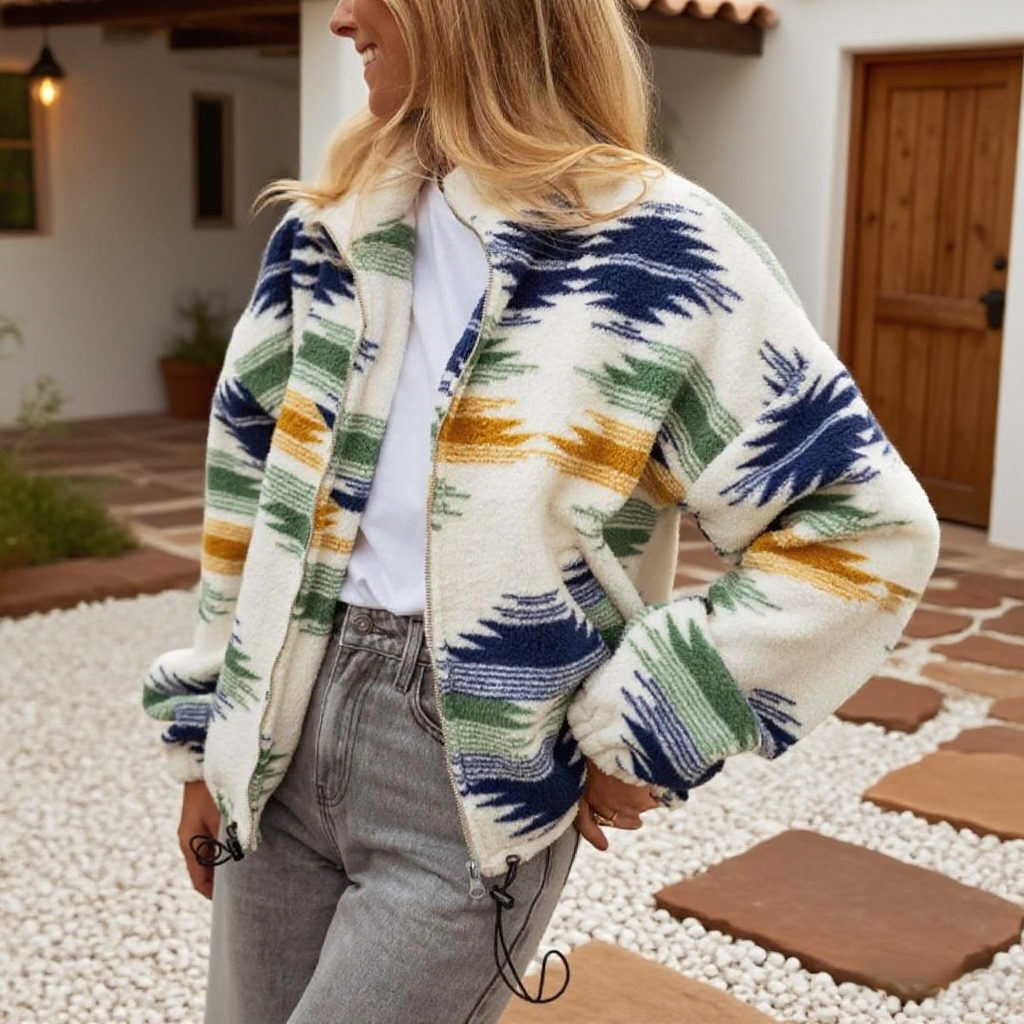 Southwest Print Sherpa Fleece Zip Jacket - Green