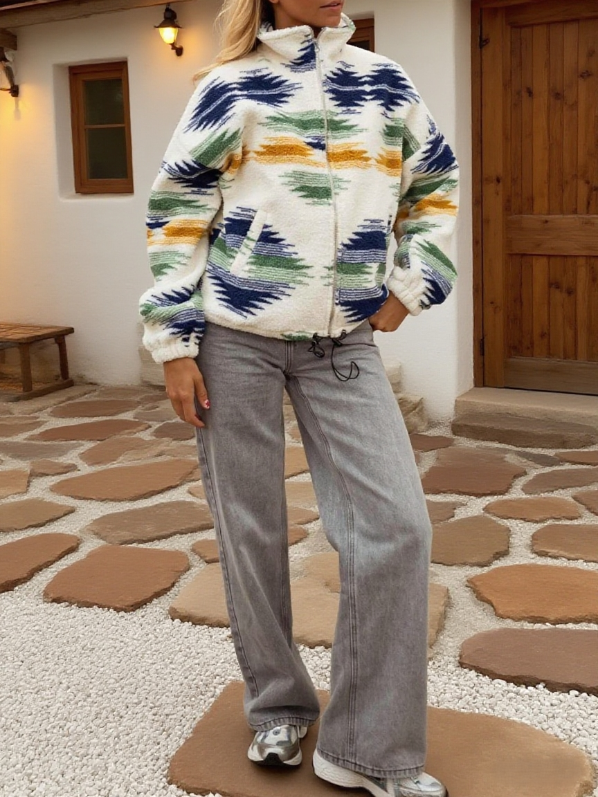 Southwest Print Sherpa Fleece Zip Jacket - Green - 1