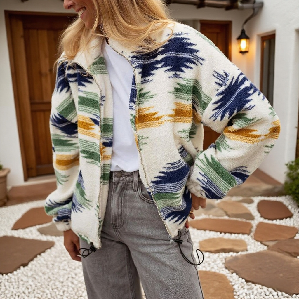Southwest Print Sherpa Fleece Zip Jacket - Green - 2