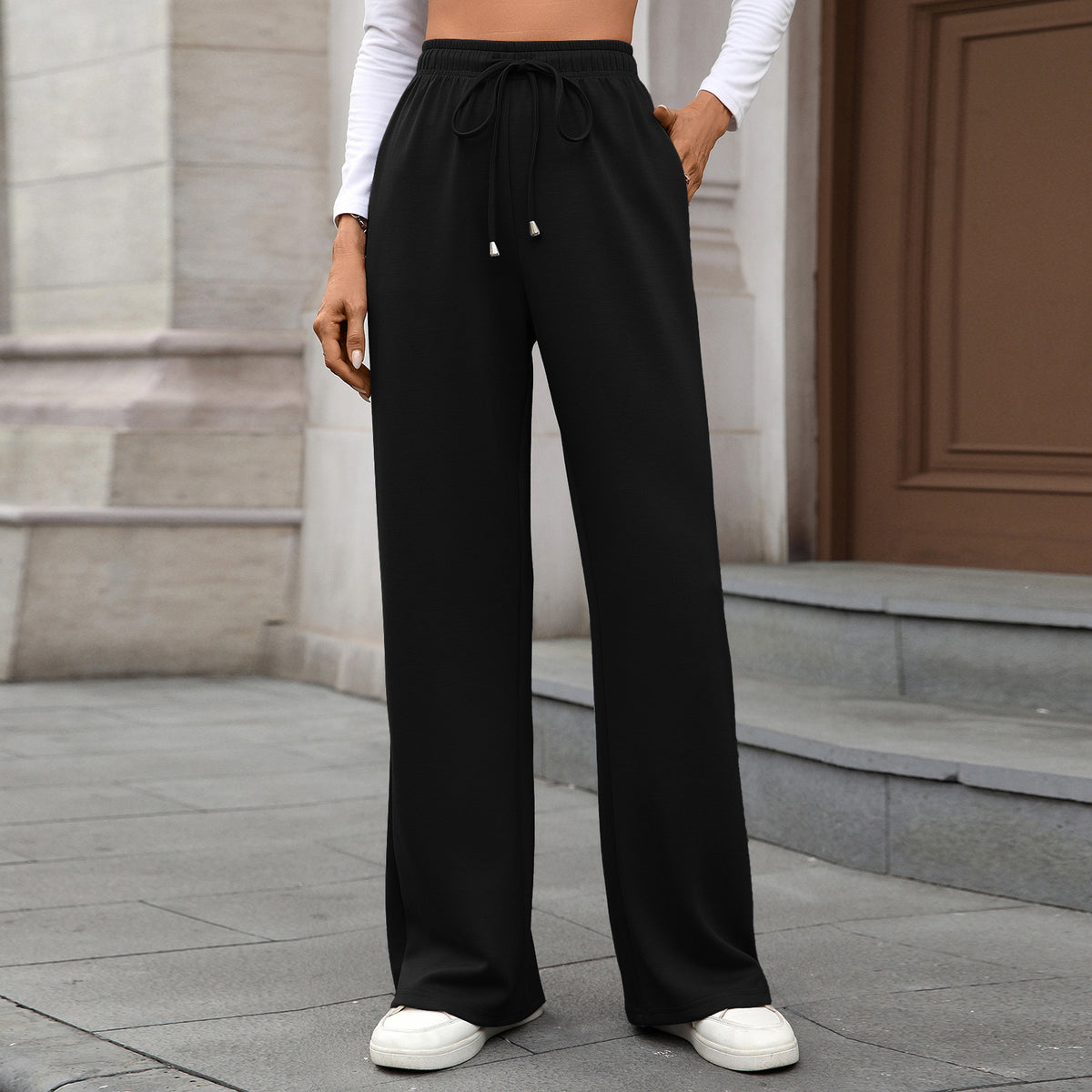 Soft Drawstring Waist Relaxed Straight Pants - Black