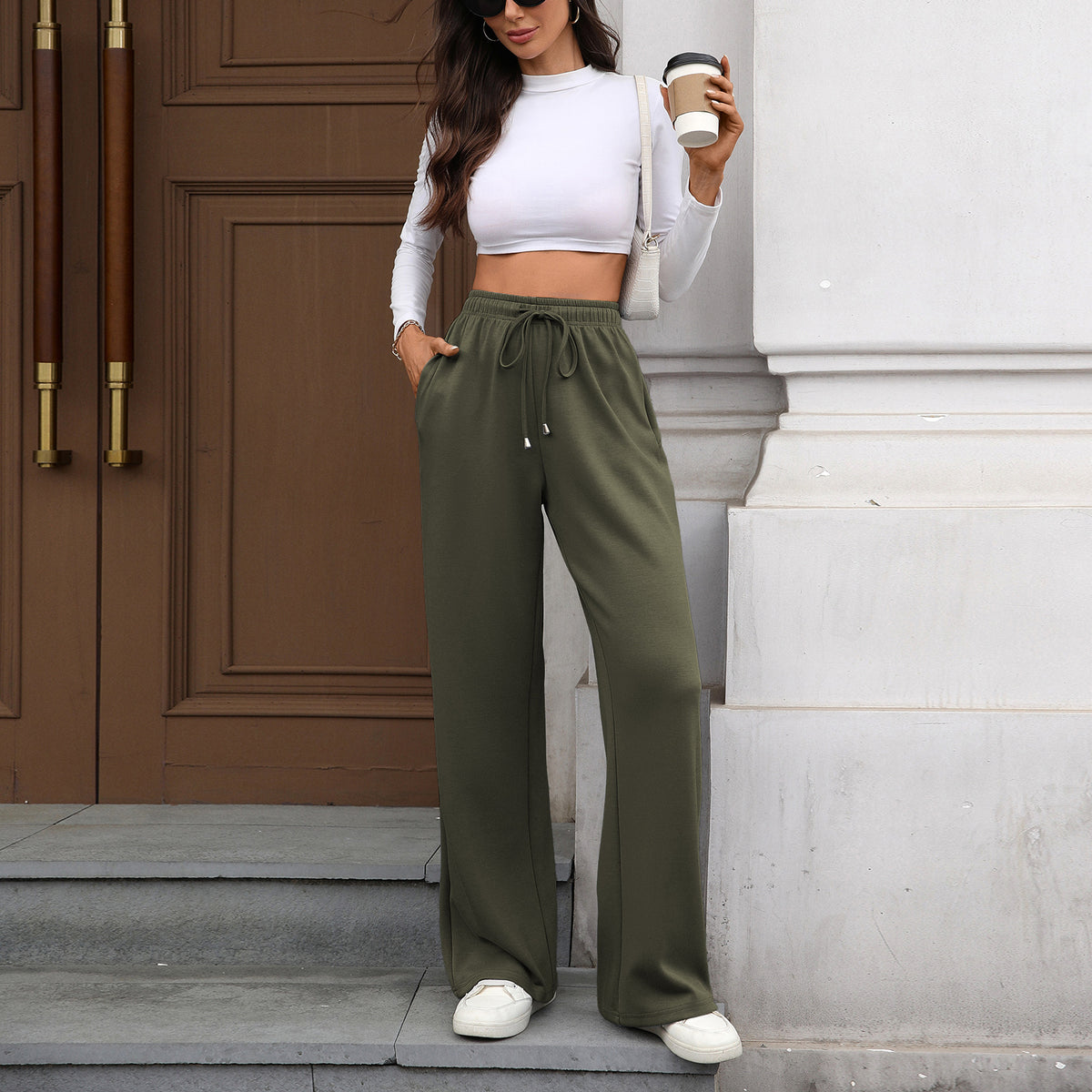 Soft Drawstring Waist Relaxed Straight Pants - Green