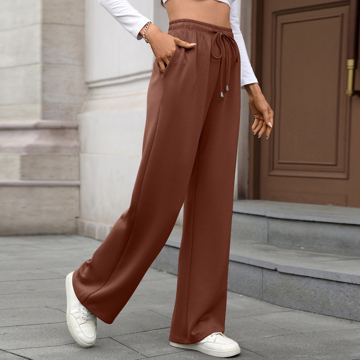 Soft Drawstring Waist Relaxed Straight Pants - Orange