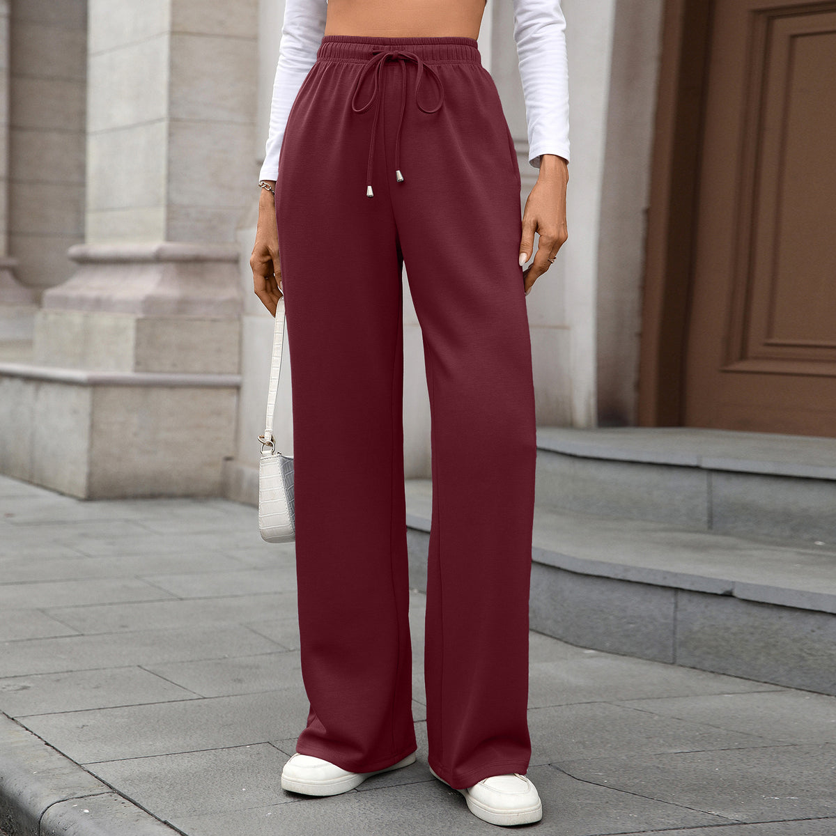 Soft Drawstring Waist Relaxed Straight Pants - Winered