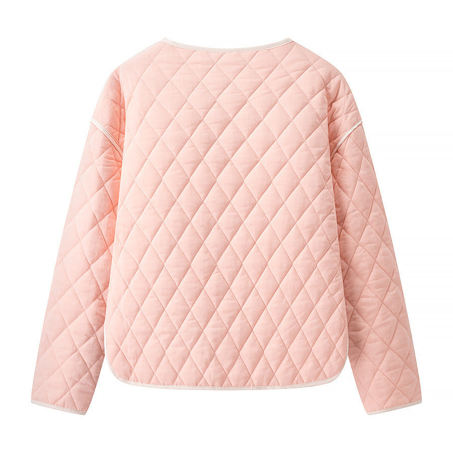 Diamond Quilted Contrast Trim Jacket - Pink - 1