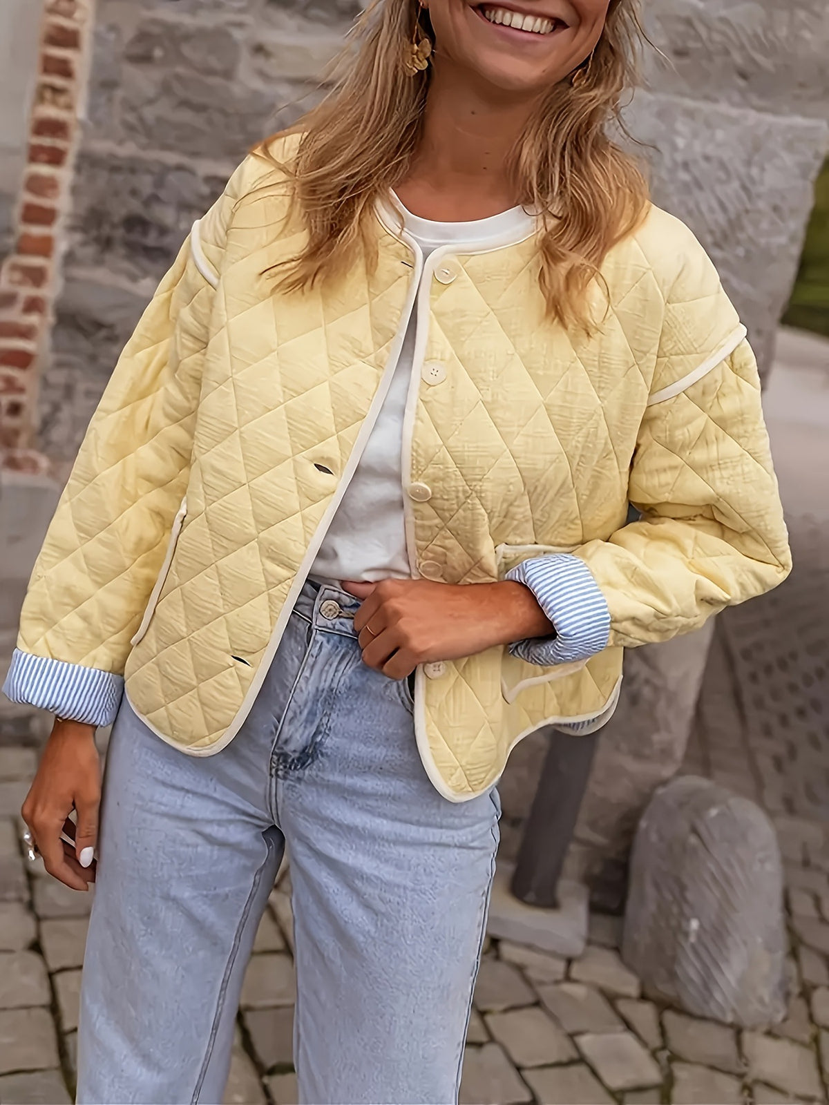 Diamond Quilted Contrast Trim Jacket - yellow - 3