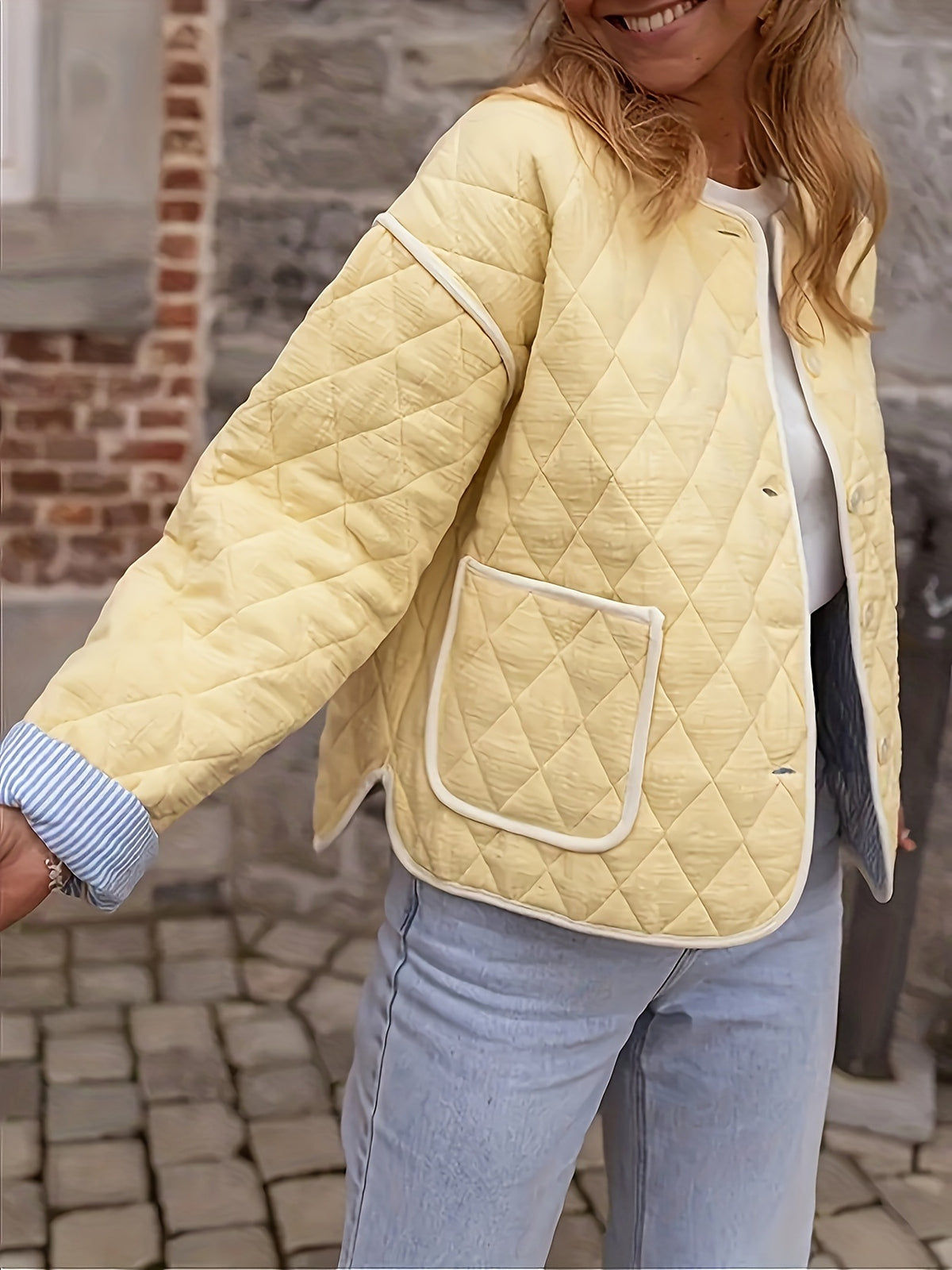 Diamond Quilted Contrast Trim Jacket - yellow - 4
