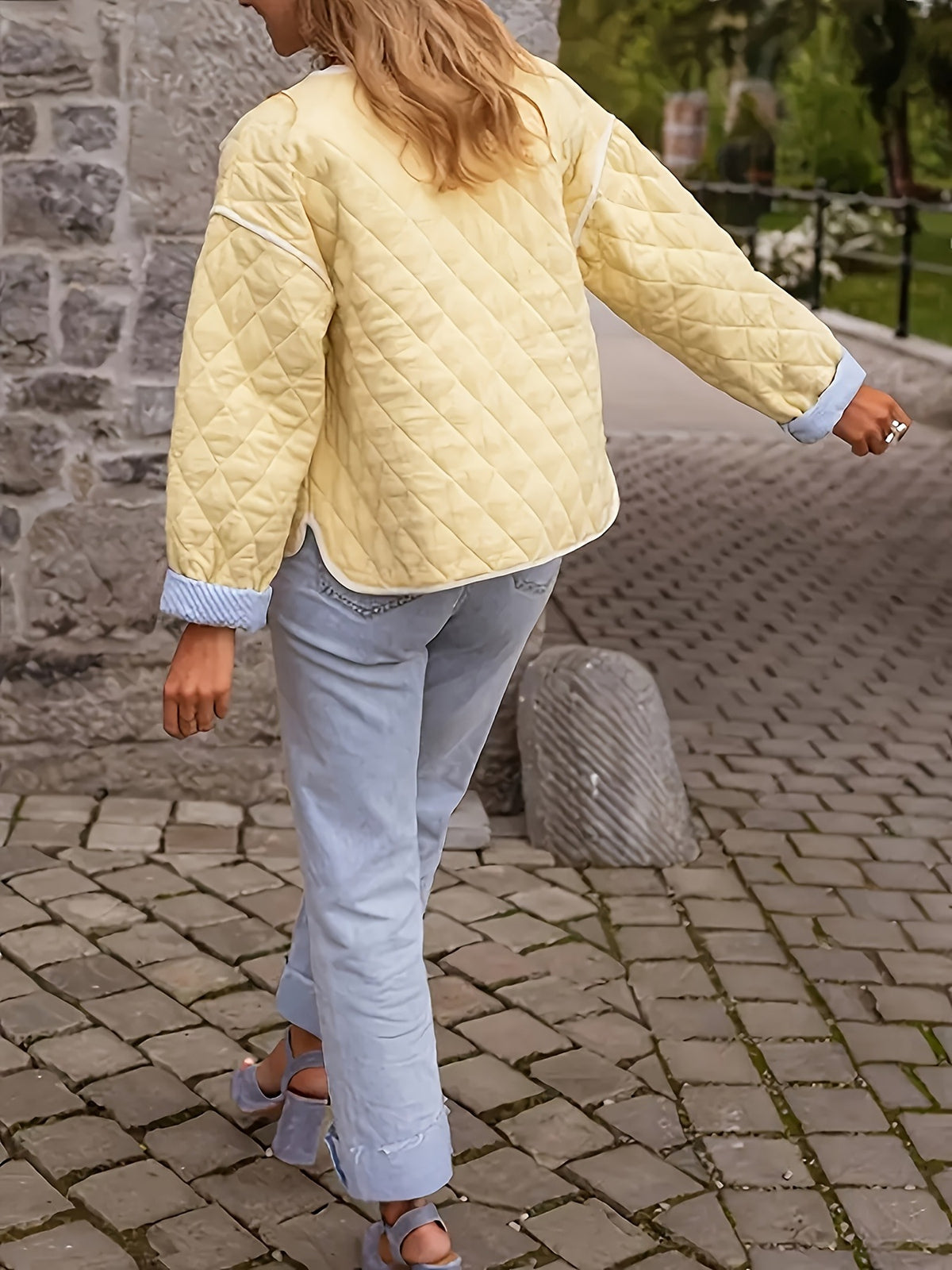 Diamond Quilted Contrast Trim Jacket - yellow - 5