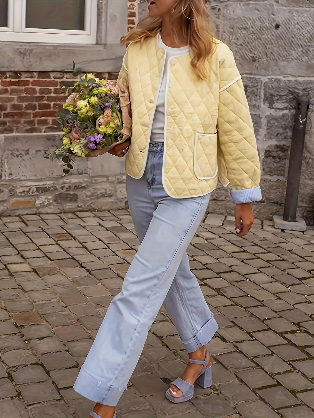 Diamond Quilted Contrast Trim Jacket - yellow - 6
