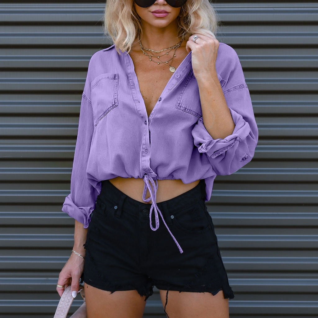 Oversized Drawstring Tie Hem Button Up Shirt - Purple