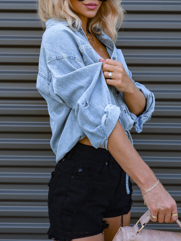 Oversized Drawstring Tie Hem Button Up Shirt