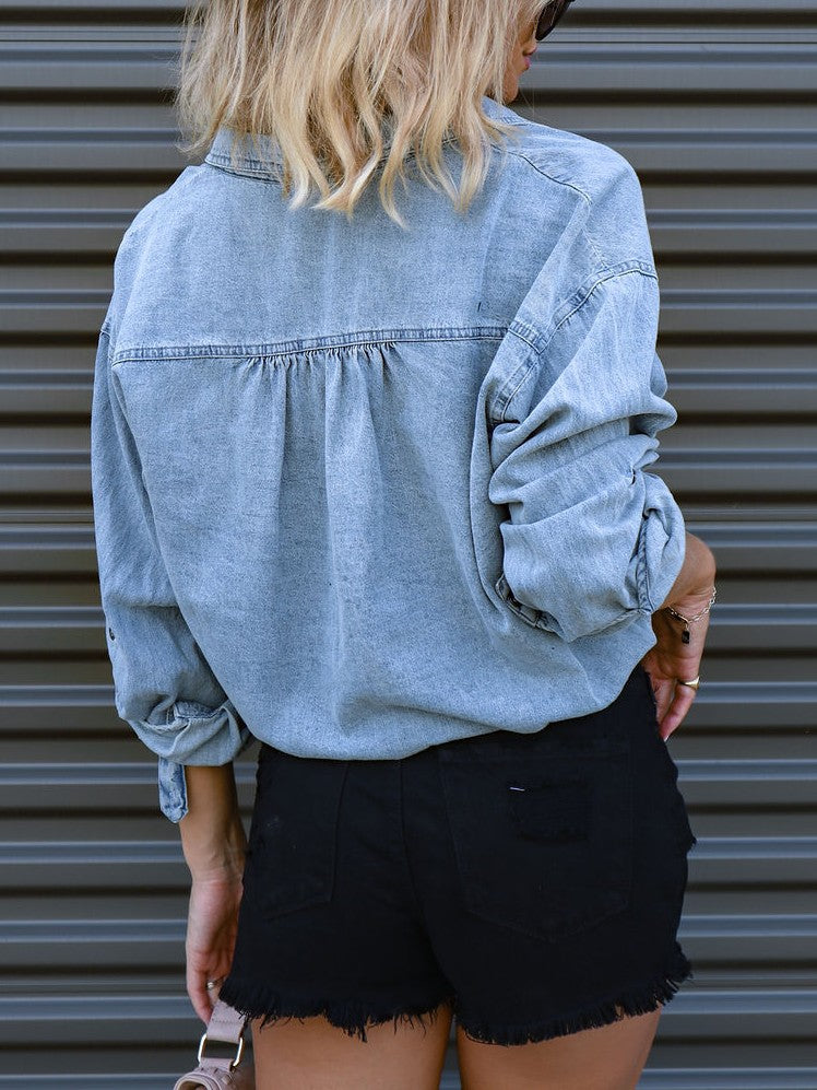 Oversized Drawstring Tie Hem Button Up Shirt - view 1