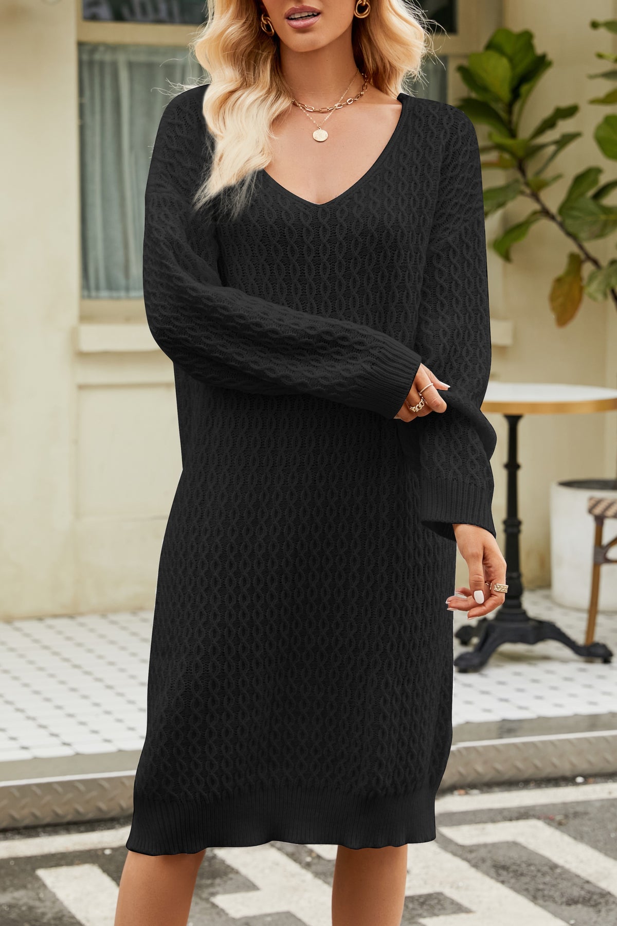 V-Neck Balloon Sleeve Sweater Midi Dress - Black