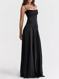 Seamed Satin Corset Lace-Up Back Maxi Dress - Black