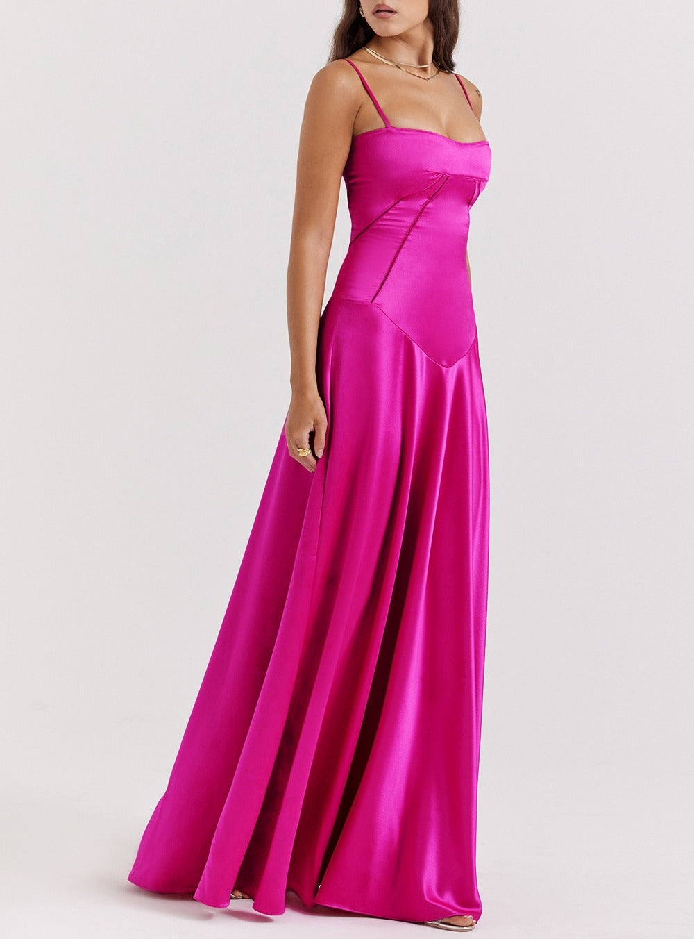 Seamed Satin Corset Lace-Up Back Maxi Dress - Fuchsia