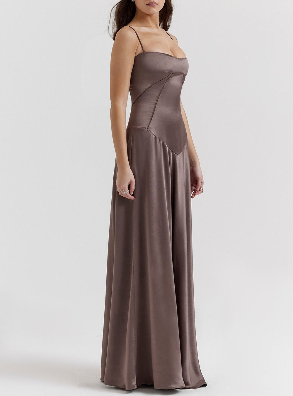 Seamed Satin Corset Lace-Up Back Maxi Dress - Mocha