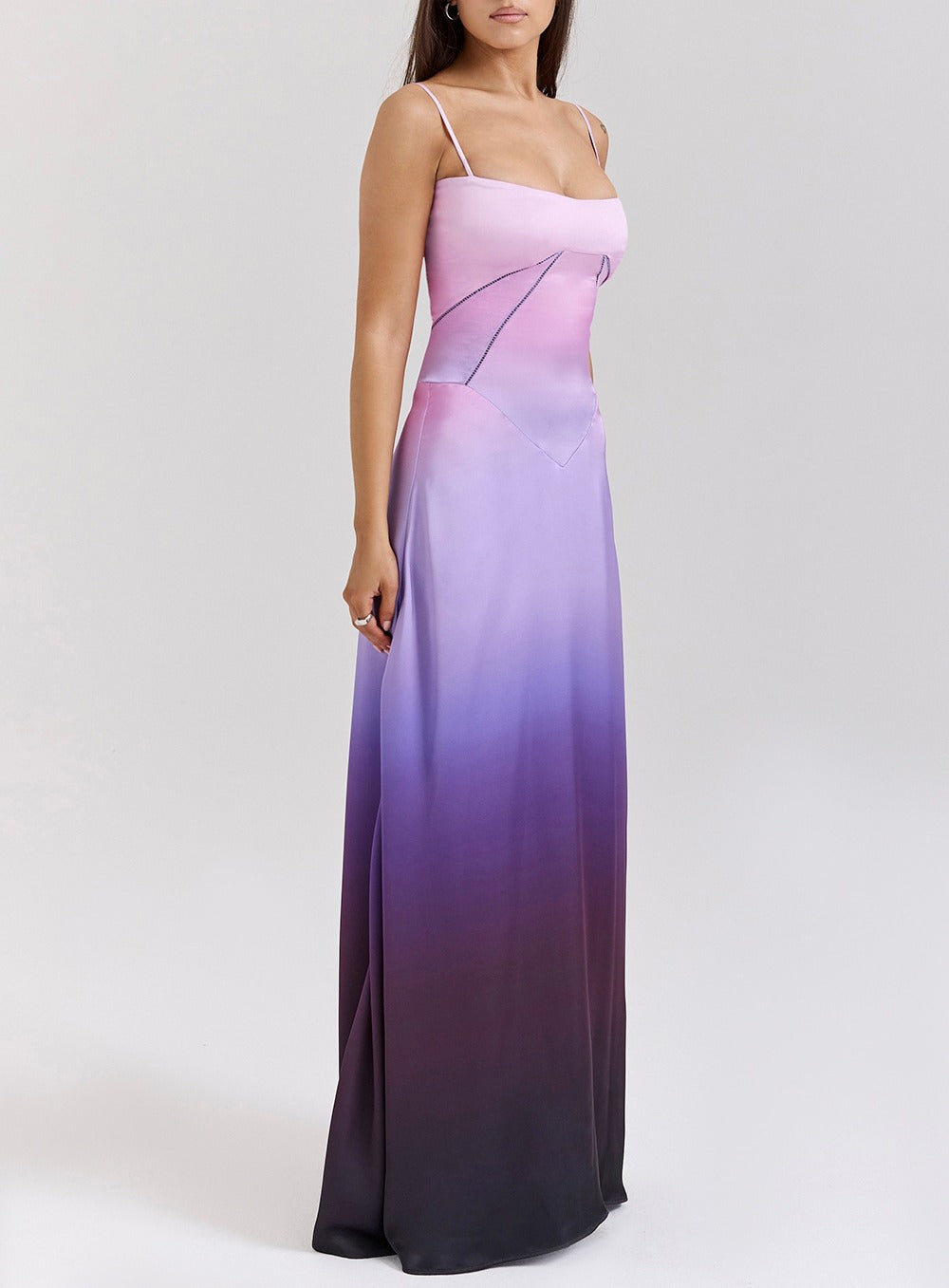 Seamed Satin Corset Lace-Up Back Maxi Dress - Purple Ombre