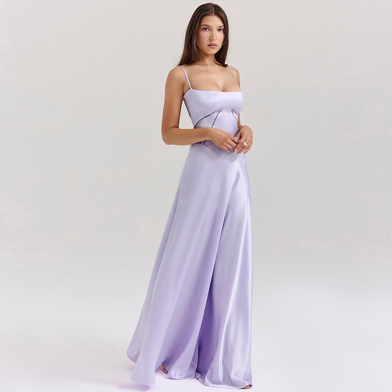 Seamed Satin Corset Lace-Up Back Maxi Dress
