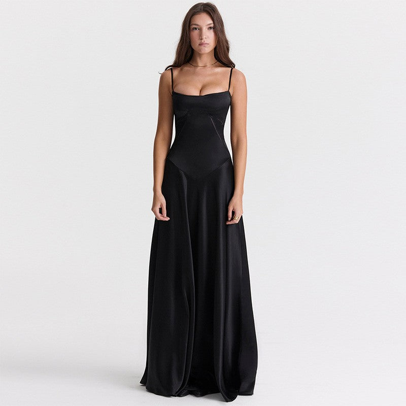 Seamed Satin Corset Lace-Up Back Maxi Dress