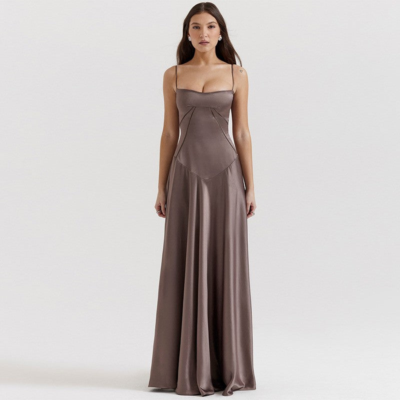 Seamed Satin Corset Lace-Up Back Maxi Dress