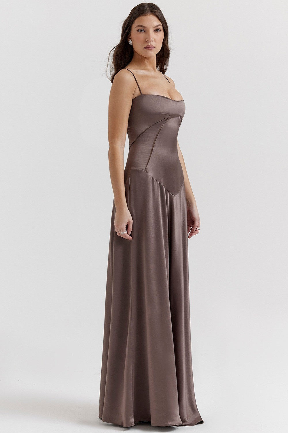 Seamed Satin Corset Lace-Up Back Maxi Dress