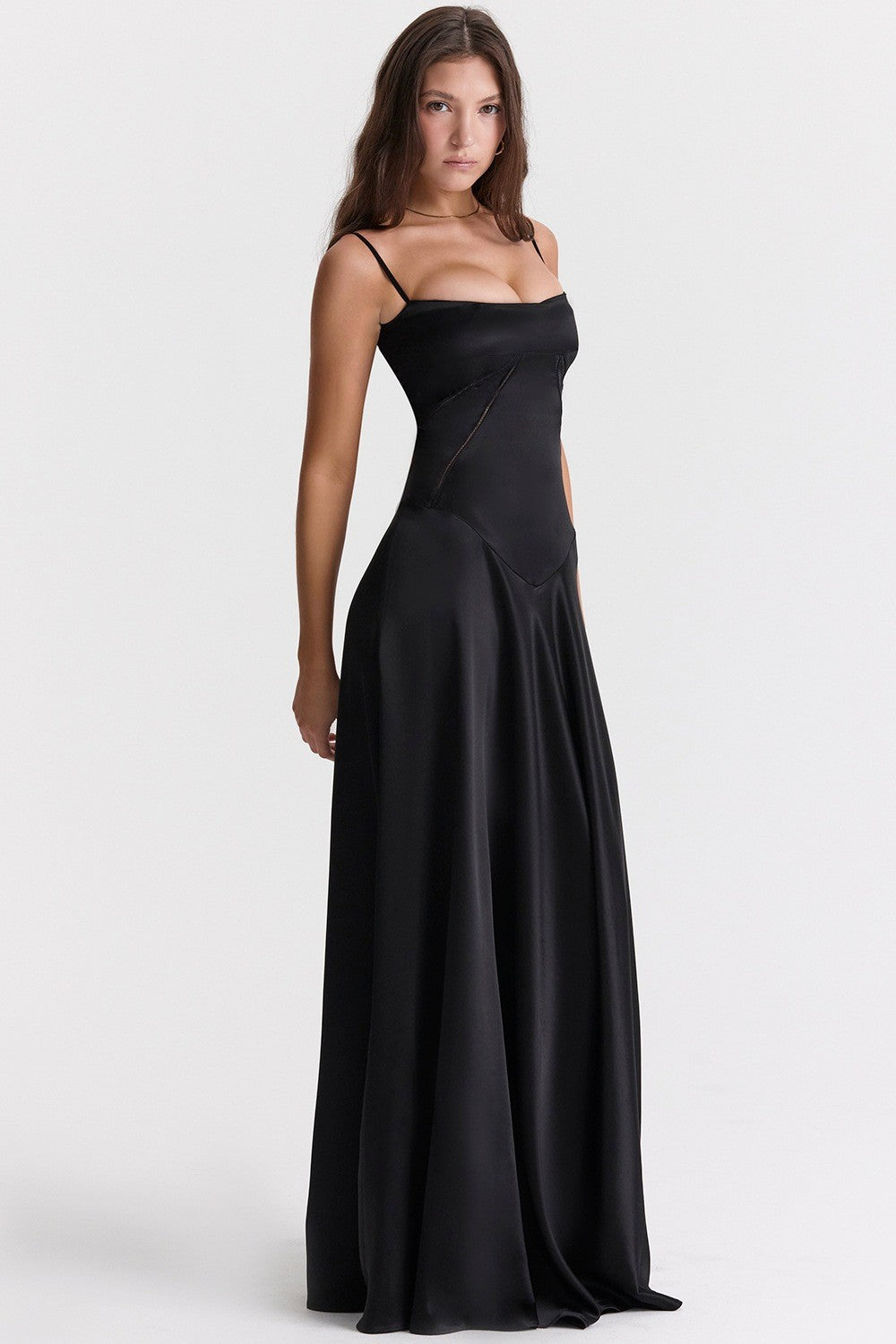 Seamed Satin Corset Lace-Up Back Maxi Dress