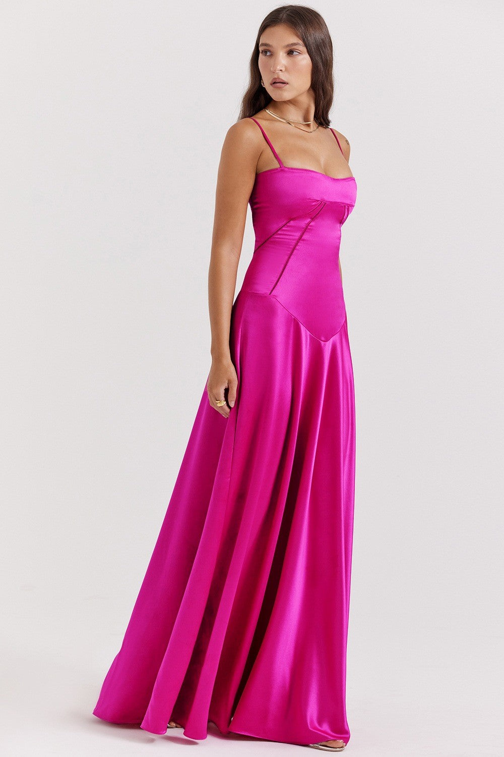 Seamed Satin Corset Lace-Up Back Maxi Dress