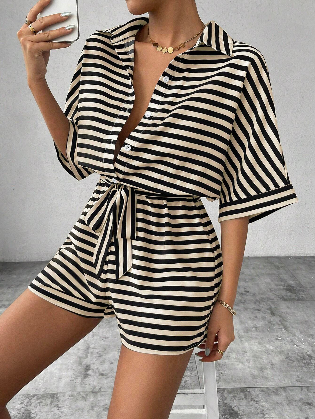 Striped Collared Tie Waist Romper - Apricot - 1