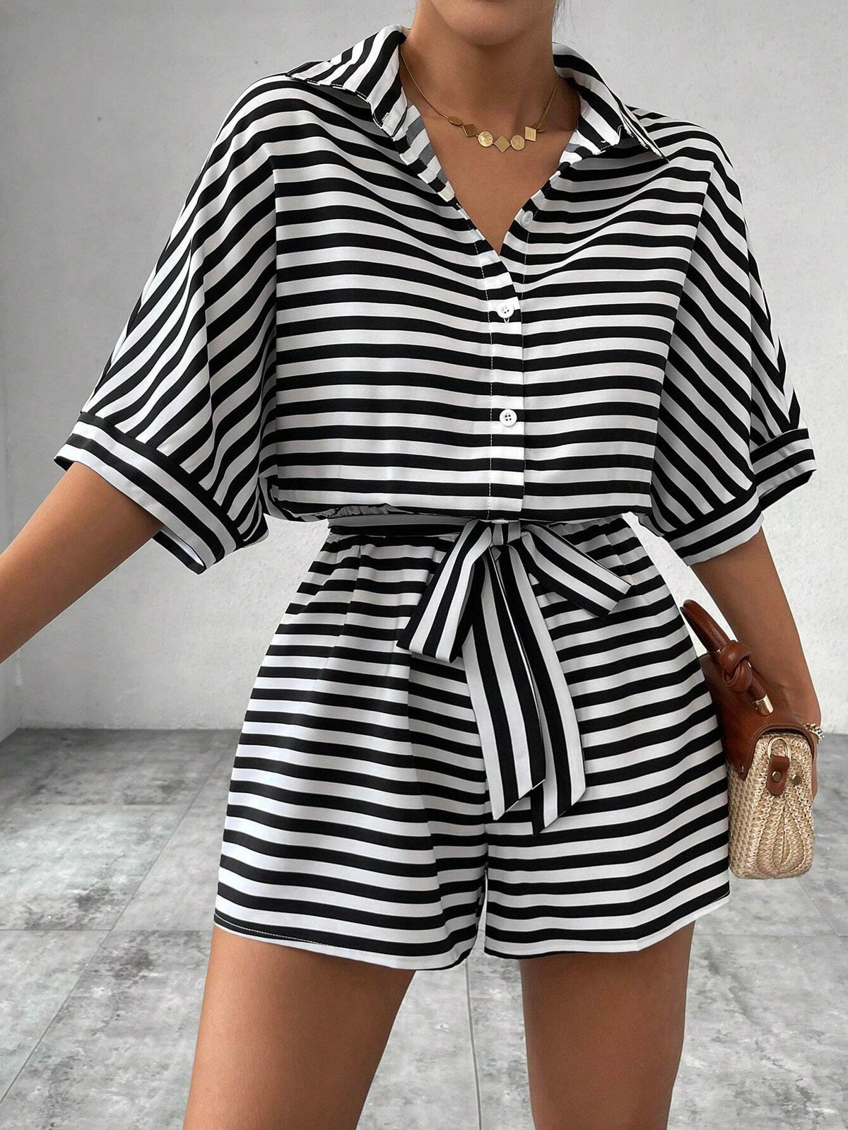 Striped Collared Tie Waist Romper - Black