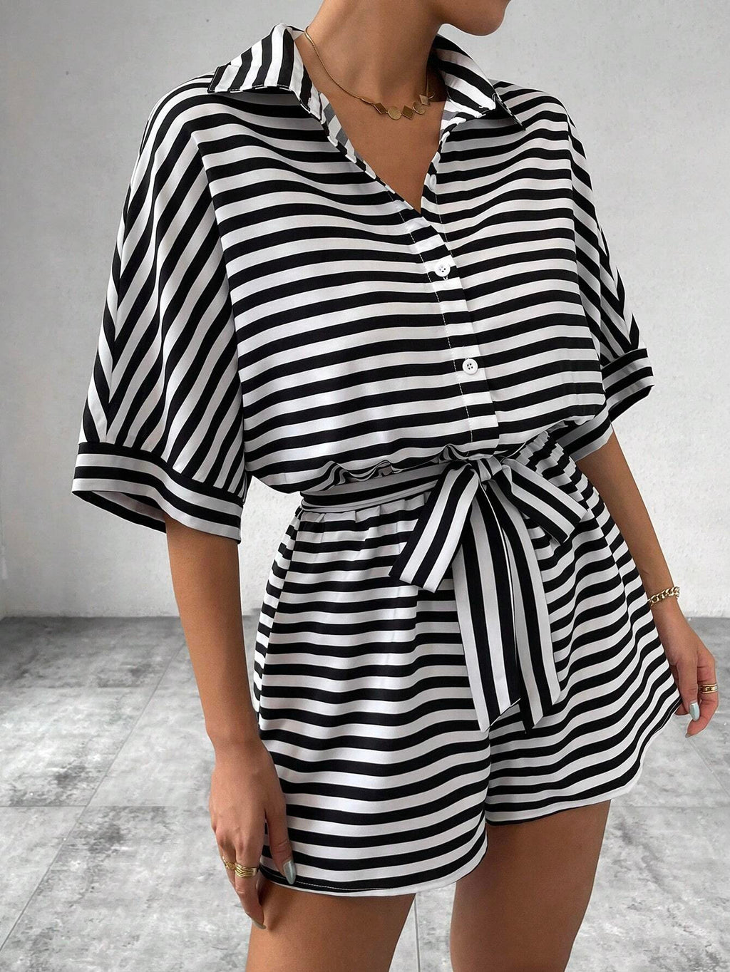 Striped Collared Tie Waist Romper - Black - 1