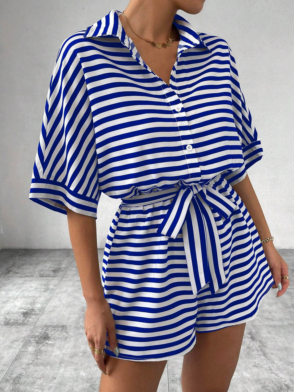 Striped Collared Tie Waist Romper - Blue