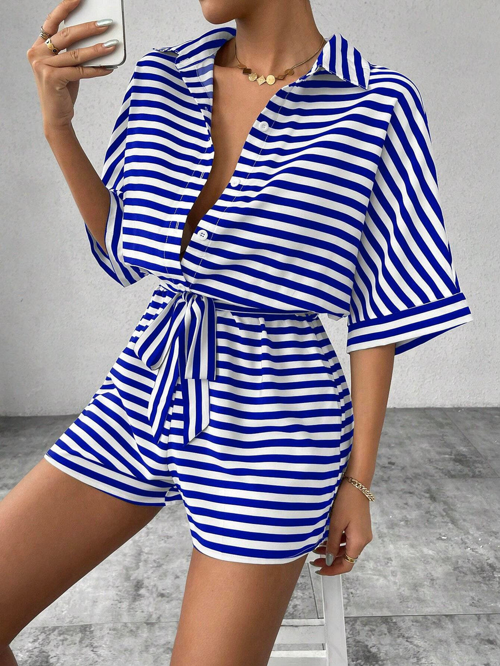 Striped Collared Tie Waist Romper - Blue - 1