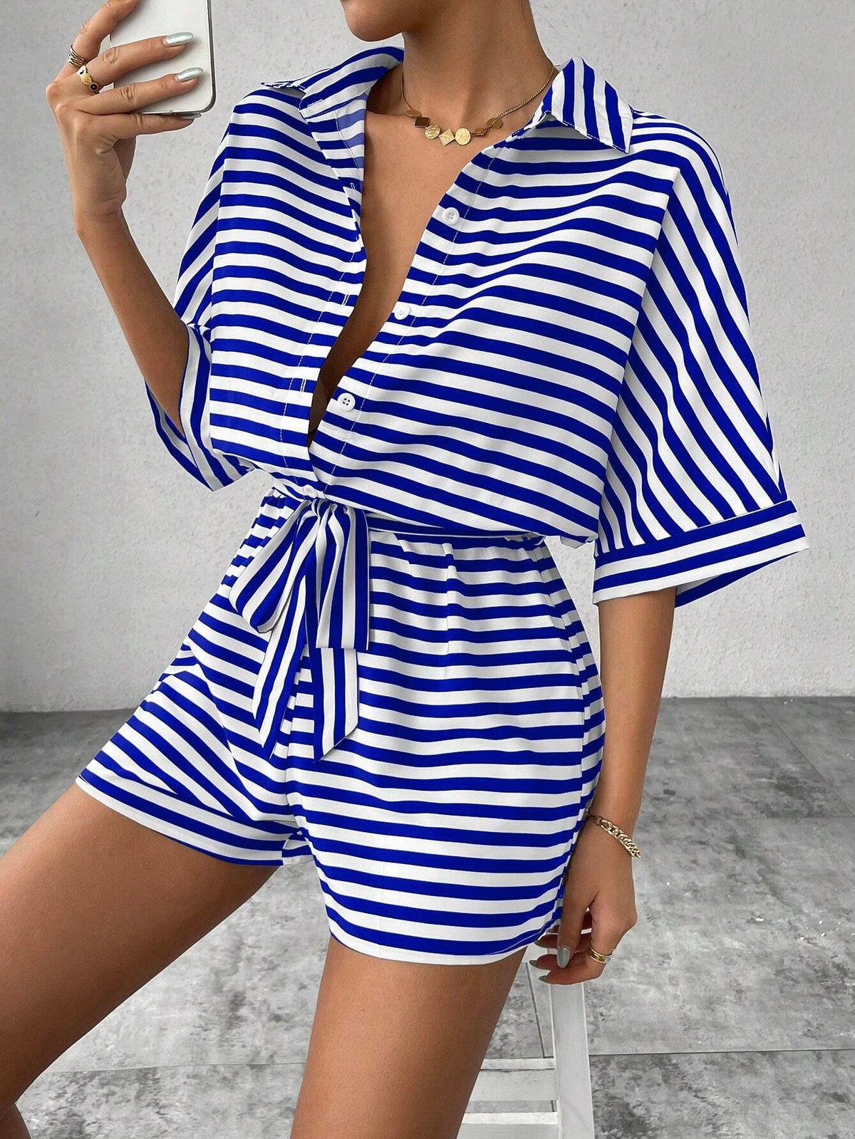 Striped Collared Tie Waist Romper - Blue - 1