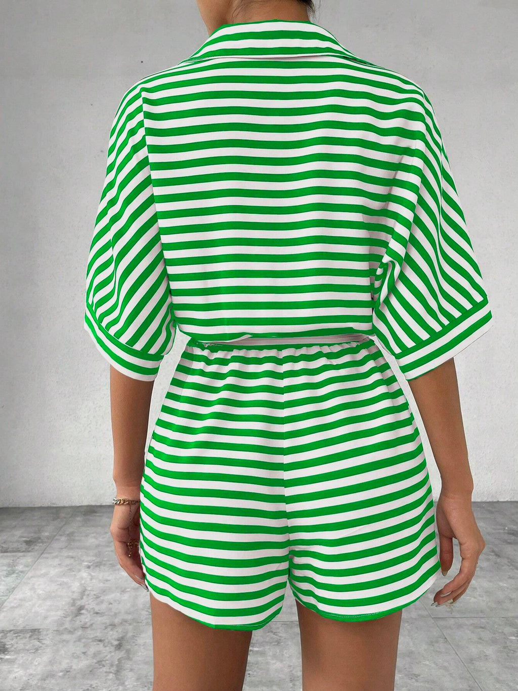 Striped Collared Tie Waist Romper - Green - 1