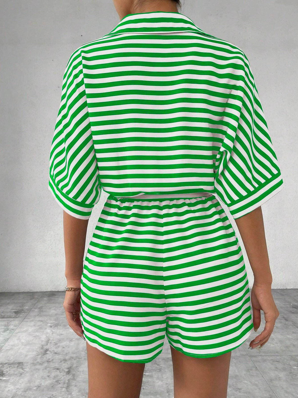 Striped Collared Tie Waist Romper - Green - 1