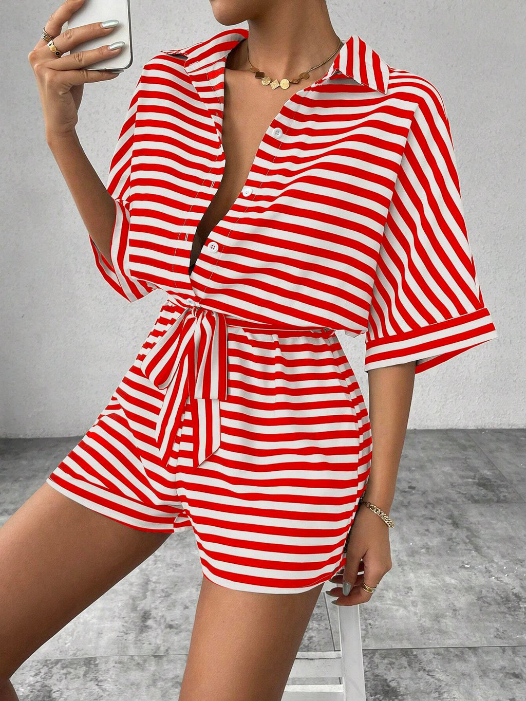 Striped Collared Tie Waist Romper - Red