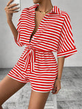 Striped Collared Tie Waist Romper - Red