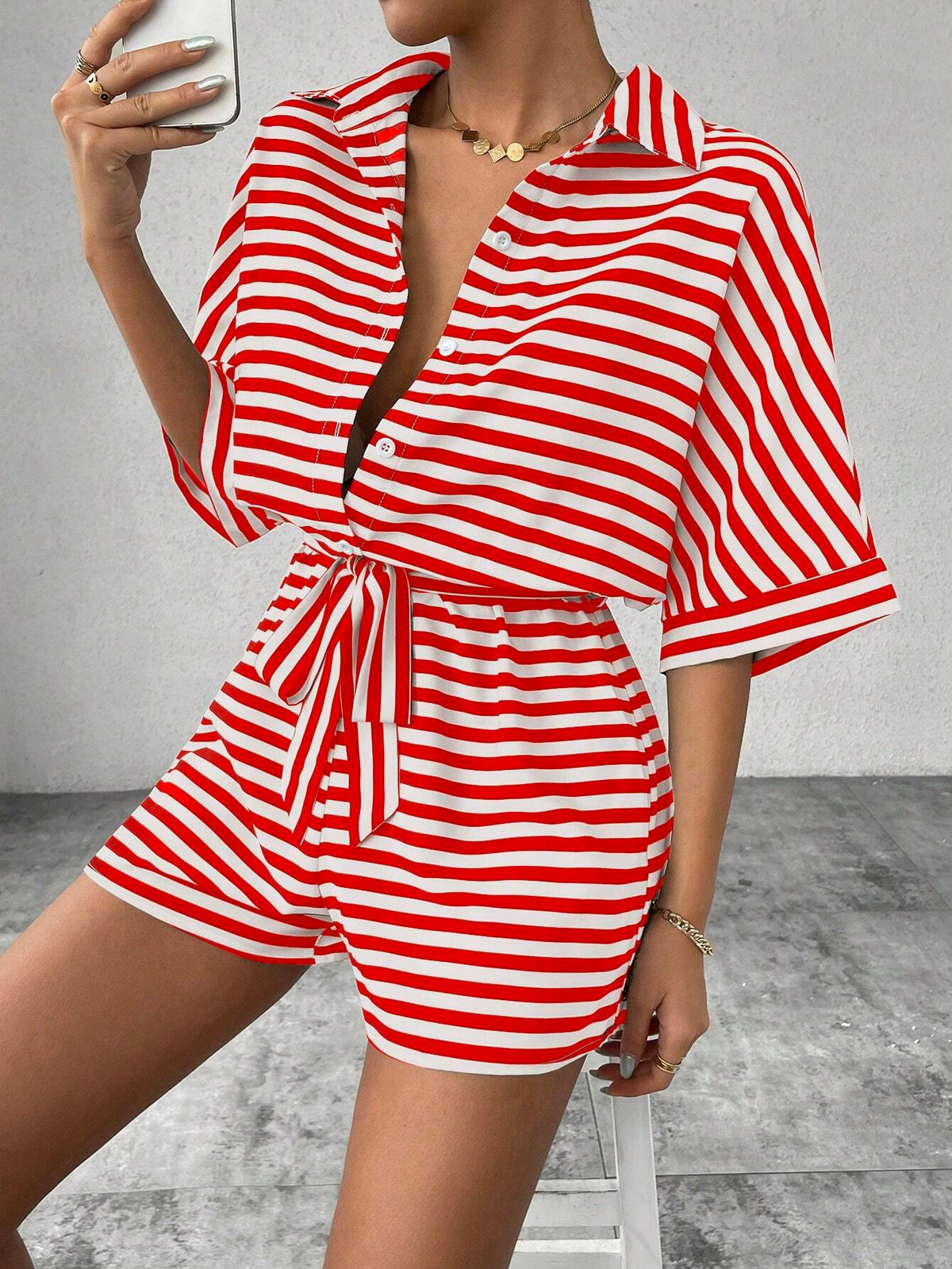 Striped Collared Tie Waist Romper - Red