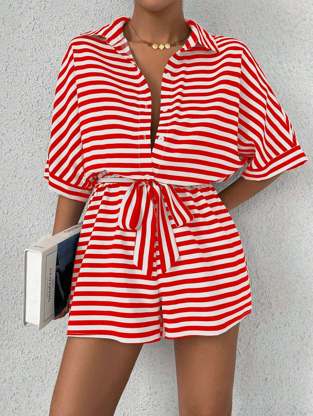 Striped Collared Tie Waist Romper